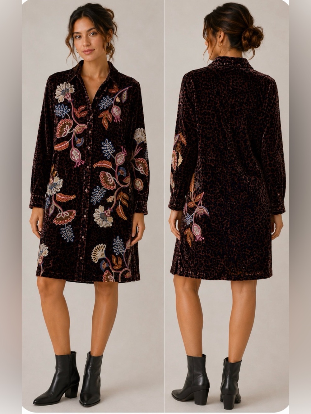 NWT Johnny Was Gineva Velvet Embroidered Leopard Shirt Dress L $398